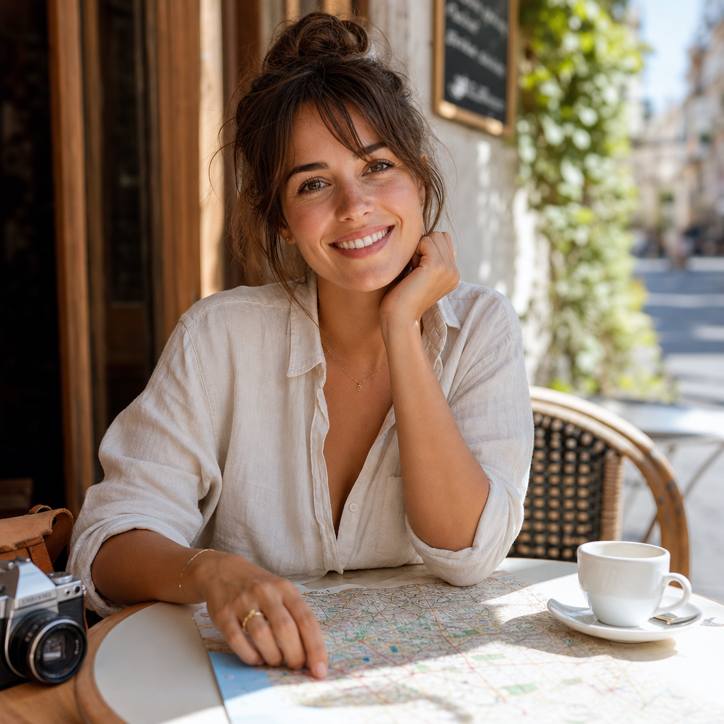 Julia, travel planner, à la terrasse d'un café avec une carte